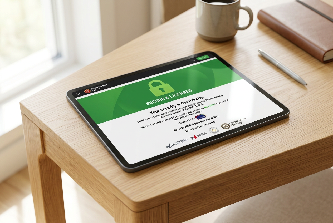 A tablet displaying security seals and license icons for an online casino.