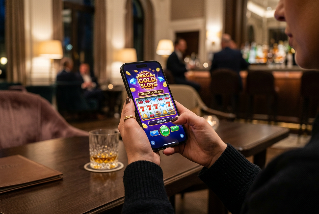 Modern online casino games displayed on a smartphone in a luxury setting.